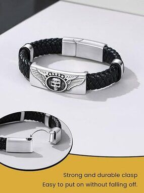 NEW Goth Stainless Steel Braided Leather Bracelet Punk Cuff Bangle Skeleton